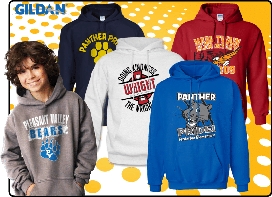 Gildan Sweatshirts featuring your choice of school artwork