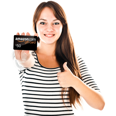 Happy woman holding a $50 amazon.com gift card