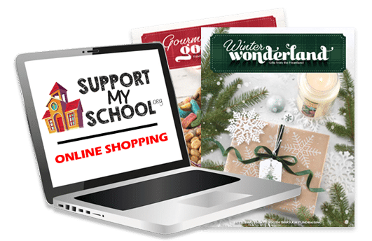 laptop icon with supportmyschool.org online shopping on screen