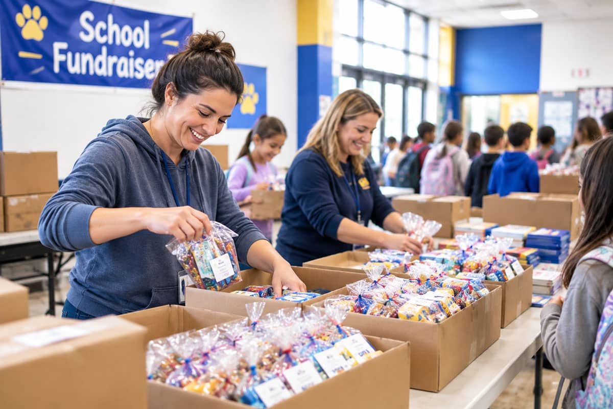 Volunteers Organizing Fundraiser Orders For A Large Elementary School